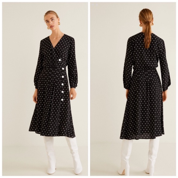 Mango Dresses & Skirts - Mango MNG Polka Dot Buttoned Midi Flare Dress Black & White